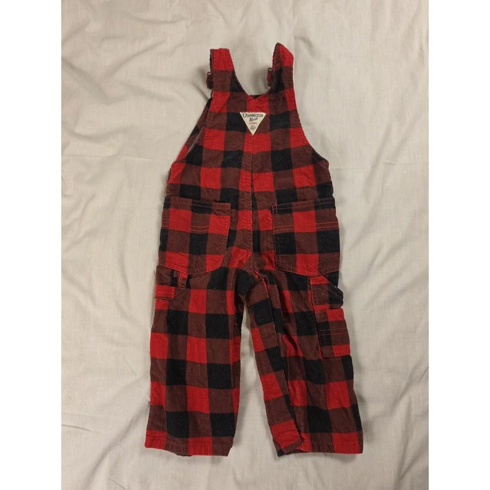 OshKosh B'gosh Overalls Baby Boys 12M Red Buffalo Plaid Corduroy 424-305